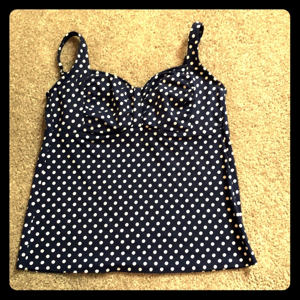 Polka dot navy tankini top Lands End sz 14!